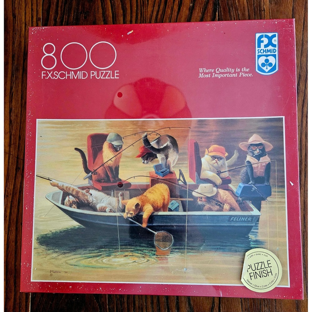 Vintage FX Schmid 800 Piece Puzzle Cats Fishing Feliner Boat Moon 90 Sealed NIB